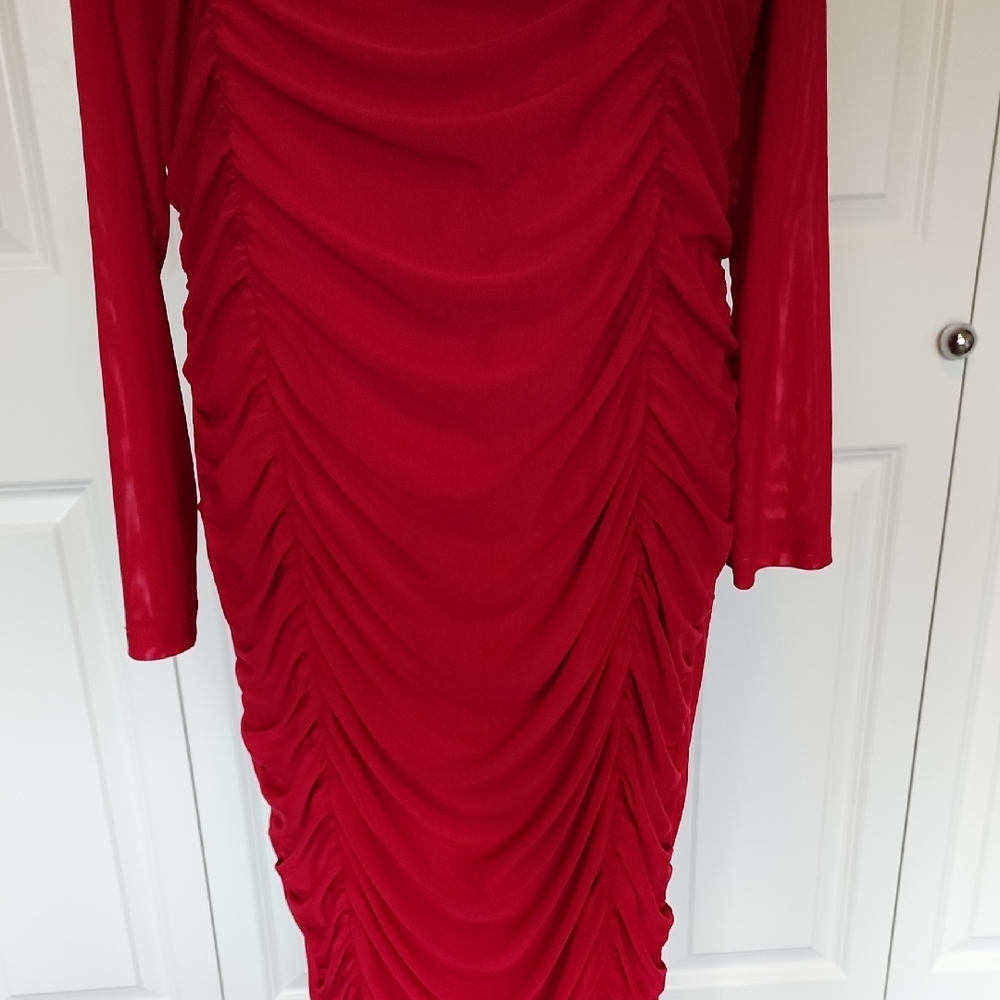 Classic Plus Square Neck Ruched Red Mesh Dress - Picture 12 of 12